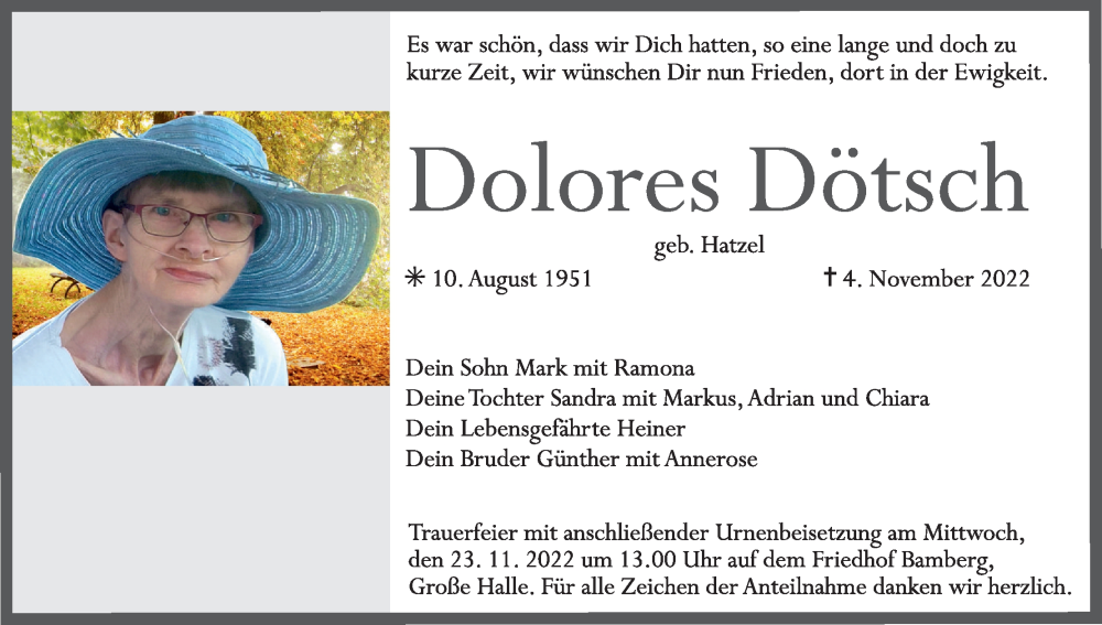  Traueranzeige für Dolores Dötsch vom 19.11.2022 aus MGO