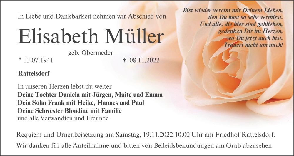  Traueranzeige für Elisabeth Müller vom 12.11.2022 aus MGO