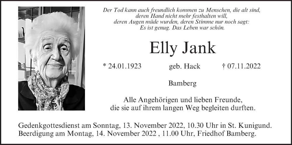  Traueranzeige für Elly Jank vom 12.11.2022 aus MGO