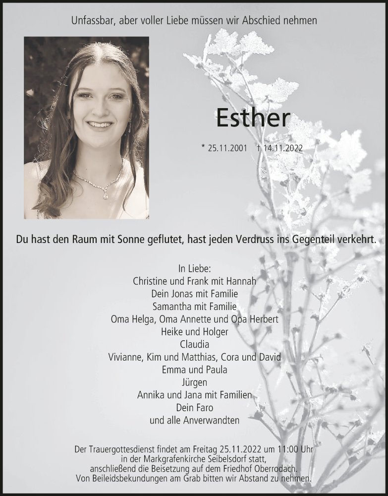  Traueranzeige für Esther  vom 22.11.2022 aus MGO