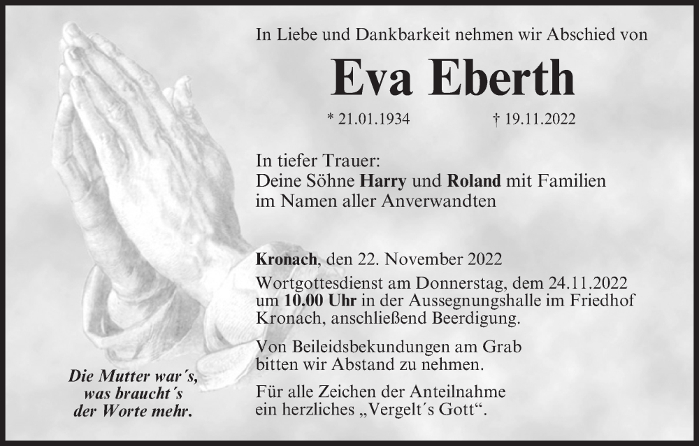  Traueranzeige für Eva Eberth vom 22.11.2022 aus MGO