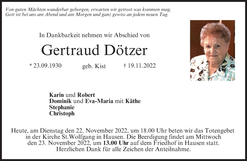  Traueranzeige für Gertraud Dötzer vom 22.11.2022 aus MGO