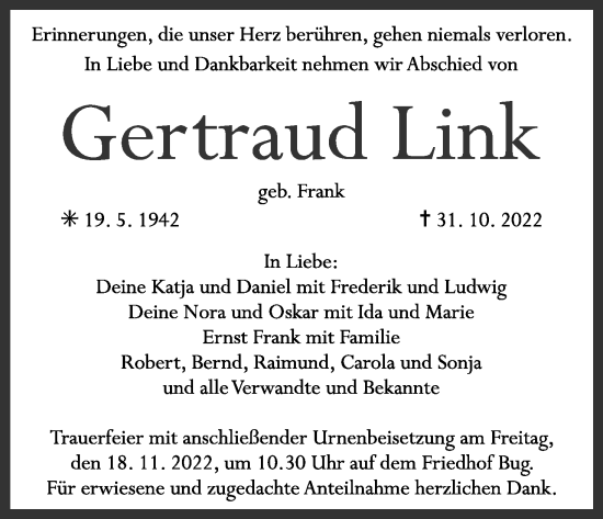 Anzeige von Gertraud Link von MGO