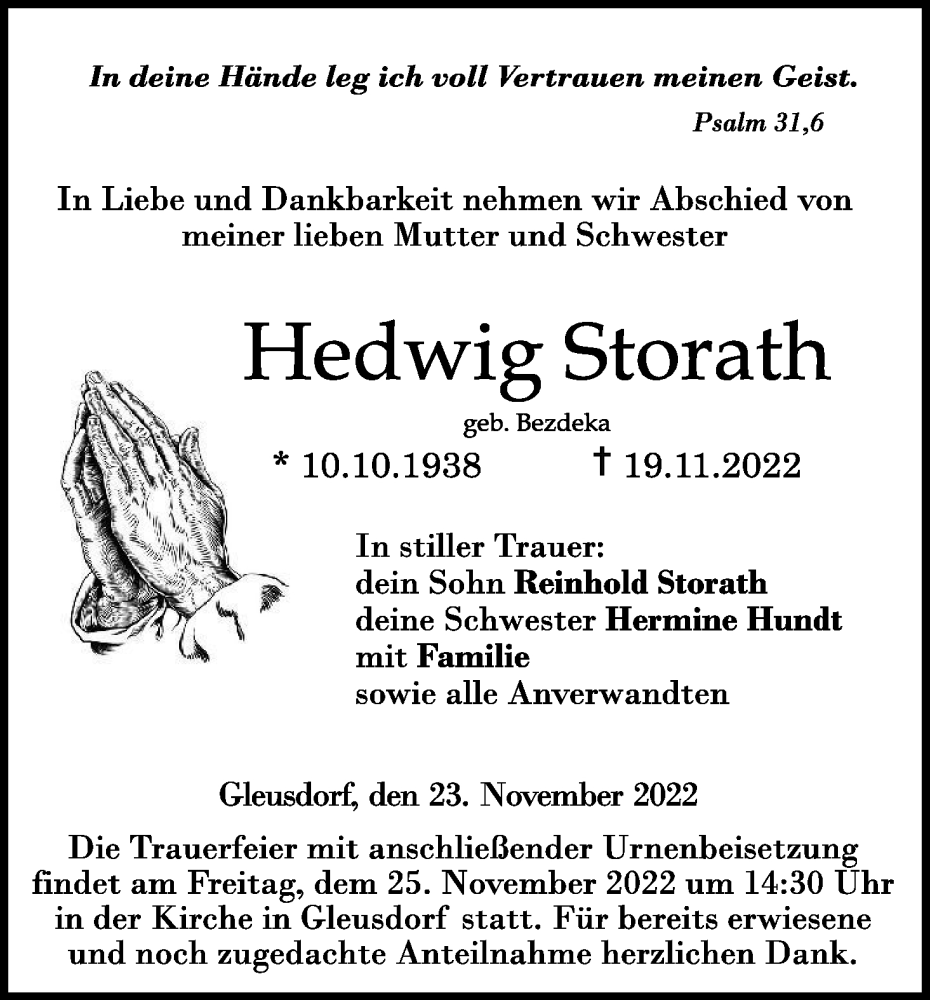  Traueranzeige für Hedwig Storath vom 23.11.2022 aus MGO