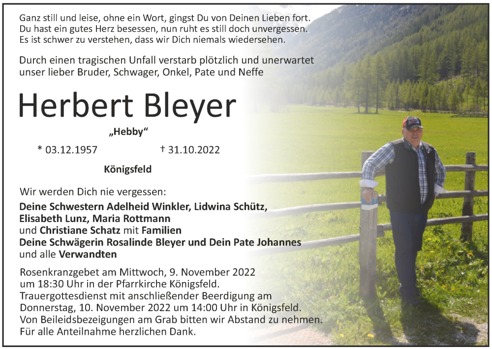  Traueranzeige für Herbert Bleyer vom 09.11.2022 aus MGO