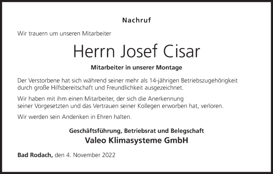 Anzeige von Josef Cisar von MGO