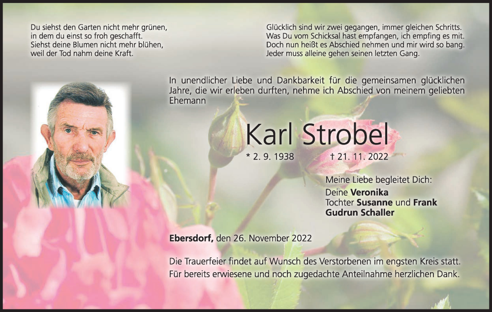  Traueranzeige für Karl Strobel vom 26.11.2022 aus MGO