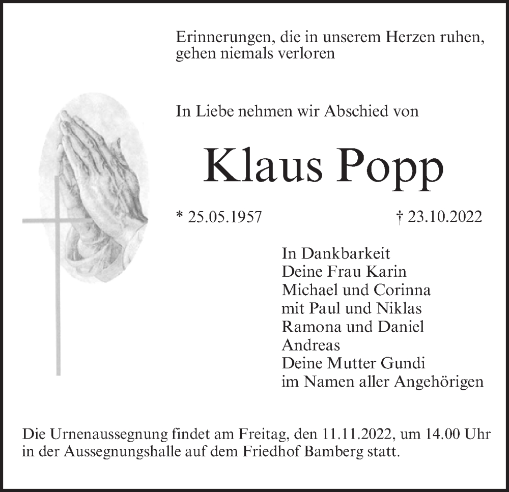  Traueranzeige für Klaus Popp vom 05.11.2022 aus MGO