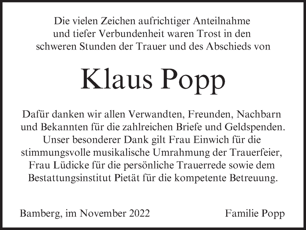 Traueranzeige für Klaus Popp vom 19.11.2022 aus MGO