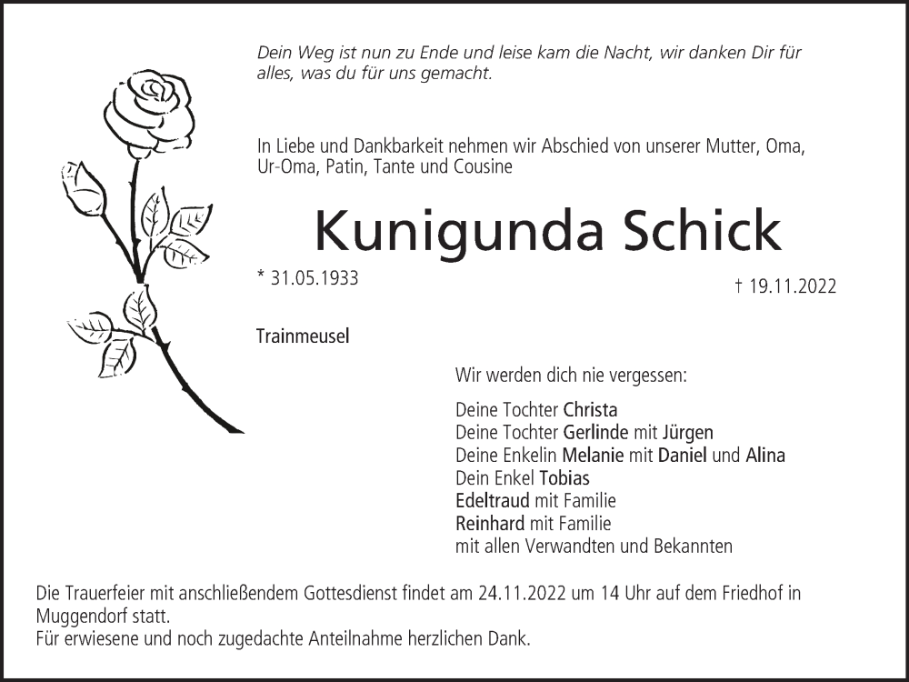  Traueranzeige für Kunigunda Schick vom 22.11.2022 aus MGO