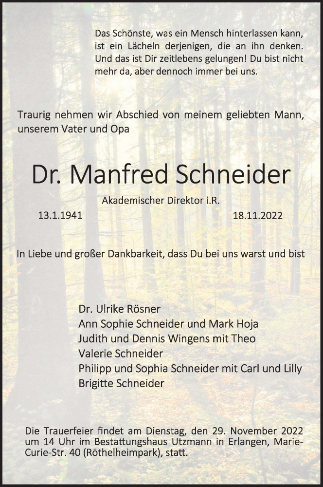  Traueranzeige für Manfred Schneider vom 23.11.2022 aus MGO