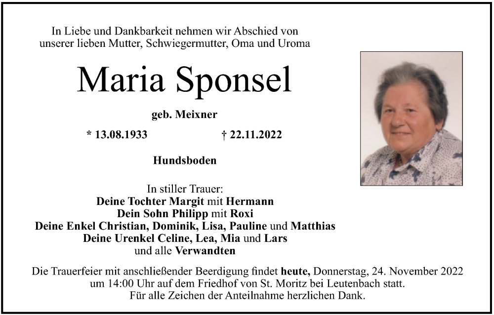  Traueranzeige für Maria Sponsel vom 24.11.2022 aus MGO