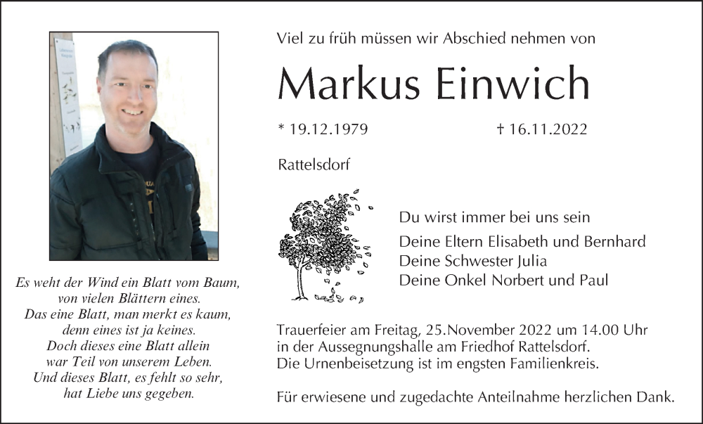 Traueranzeige für Markus Einwich vom 19.11.2022 aus MGO