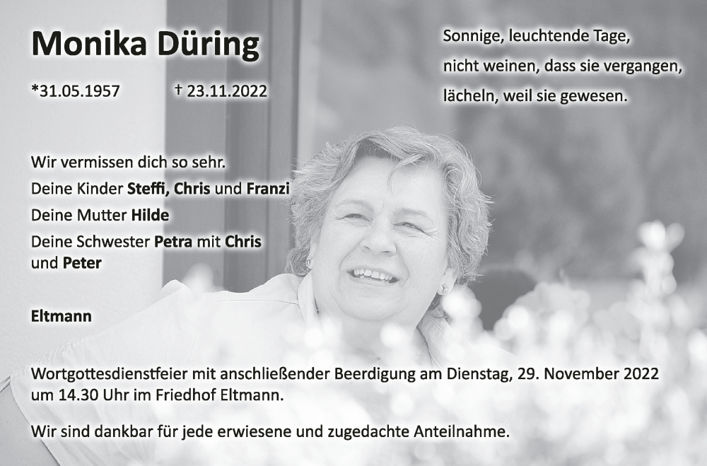  Traueranzeige für Monika Düring vom 28.11.2022 aus MGO