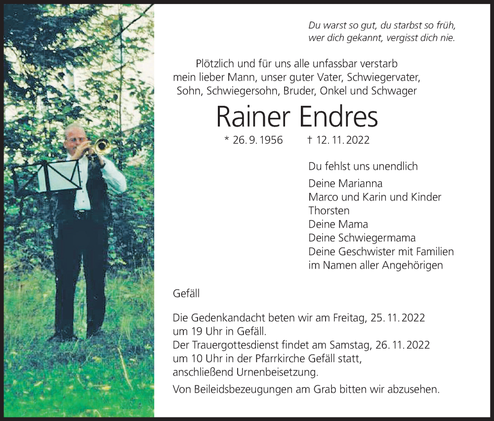  Traueranzeige für Rainer Endres vom 19.11.2022 aus MGO
