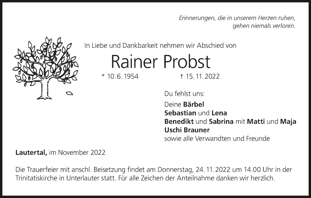  Traueranzeige für Rainer Probst vom 19.11.2022 aus MGO