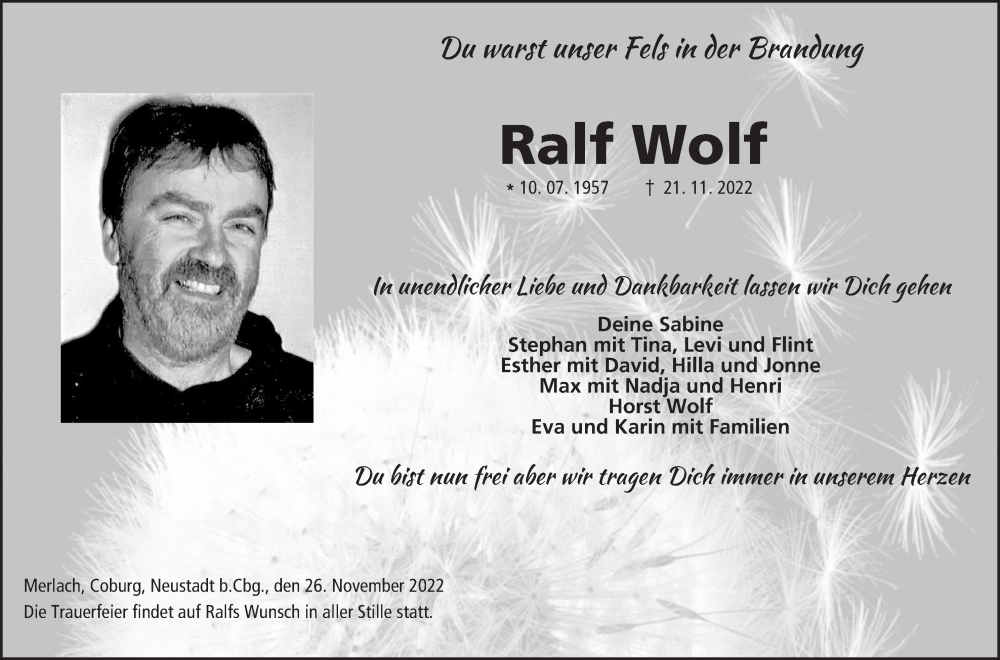  Traueranzeige für Ralf Wolf vom 26.11.2022 aus MGO