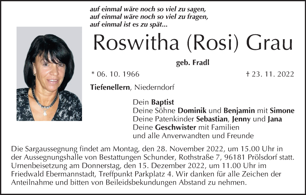  Traueranzeige für Roswitha  Grau vom 26.11.2022 aus MGO