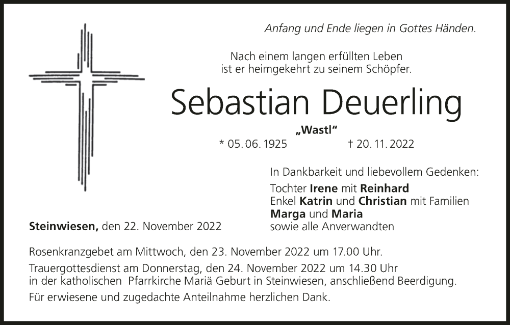  Traueranzeige für Sebastian Deuerling vom 22.11.2022 aus MGO
