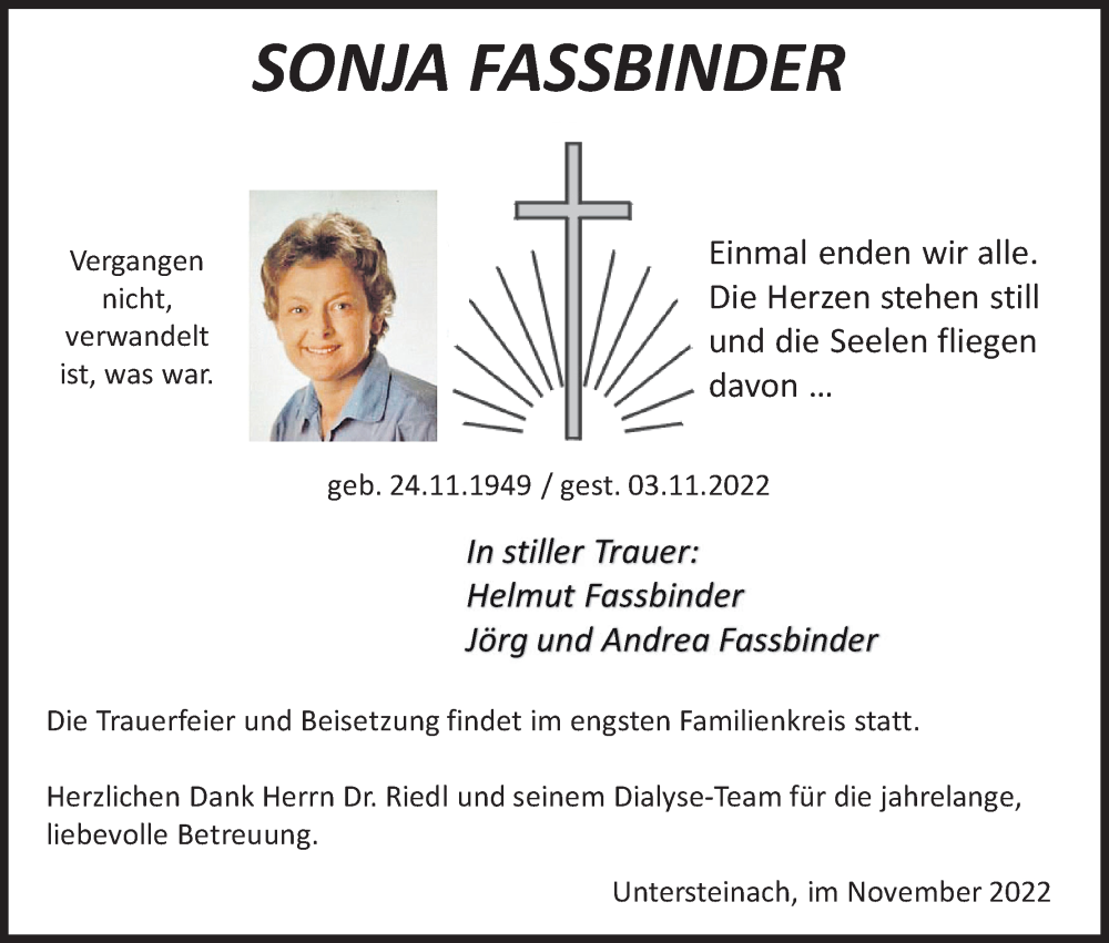  Traueranzeige für Sonja Fassbinder vom 05.11.2022 aus MGO