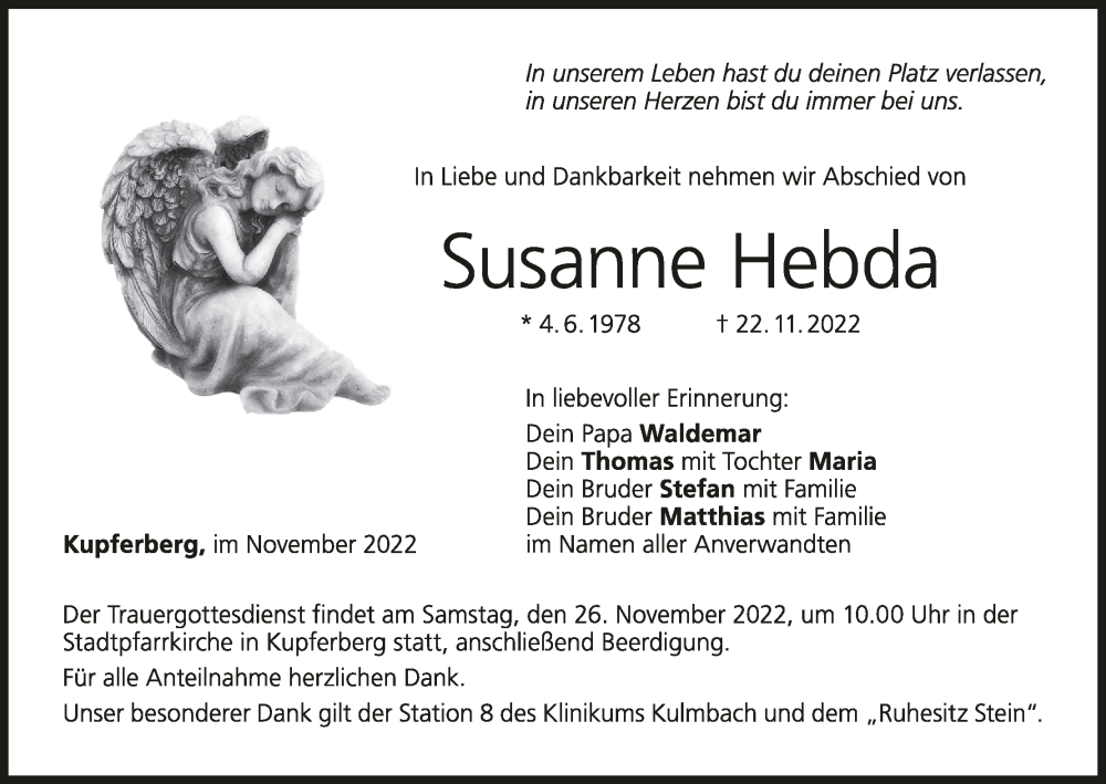  Traueranzeige für Susanne Hebda vom 24.11.2022 aus MGO