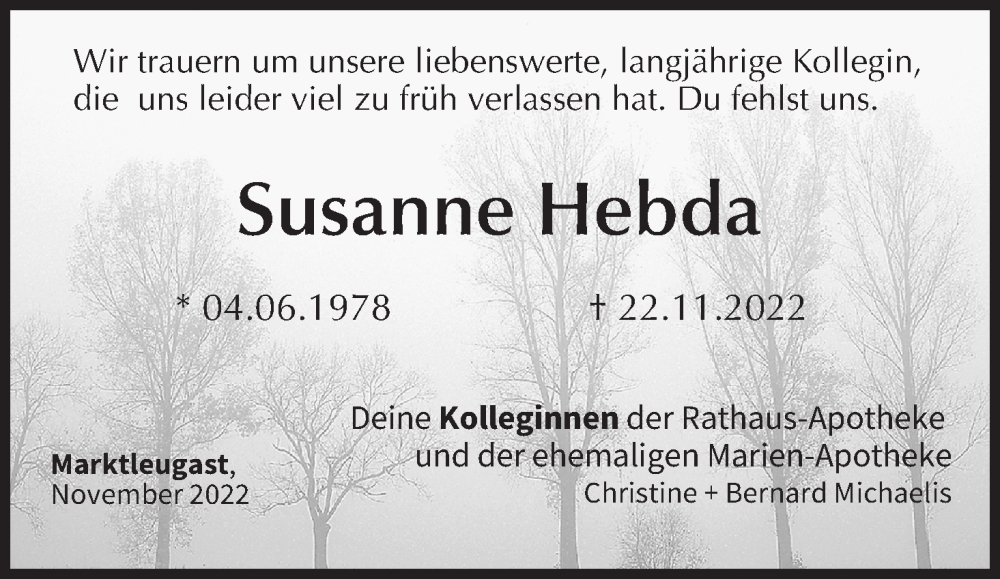  Traueranzeige für Susanne Hebda vom 25.11.2022 aus MGO