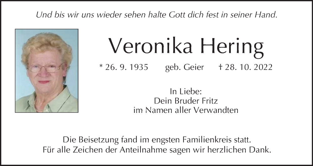  Traueranzeige für Veronika Hering vom 19.11.2022 aus MGO