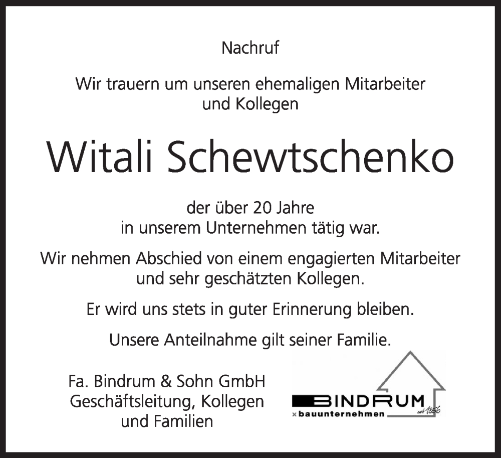  Traueranzeige für Witali Schewtschenko vom 28.11.2022 aus MGO