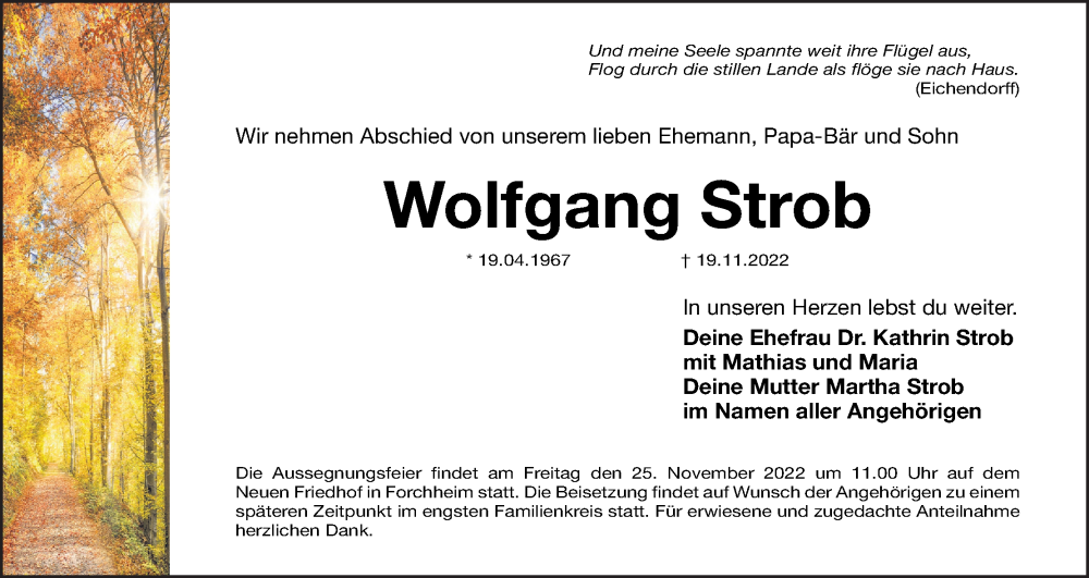  Traueranzeige für Wolfgang Strob vom 23.11.2022 aus MGO