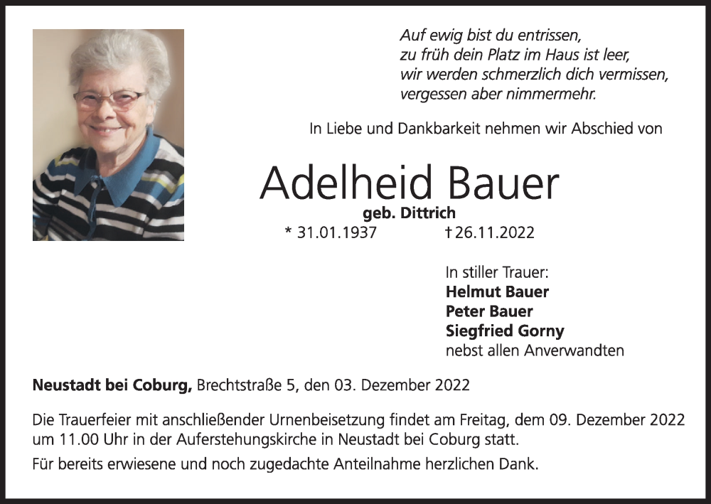  Traueranzeige für Adelheid Bauer vom 03.12.2022 aus MGO