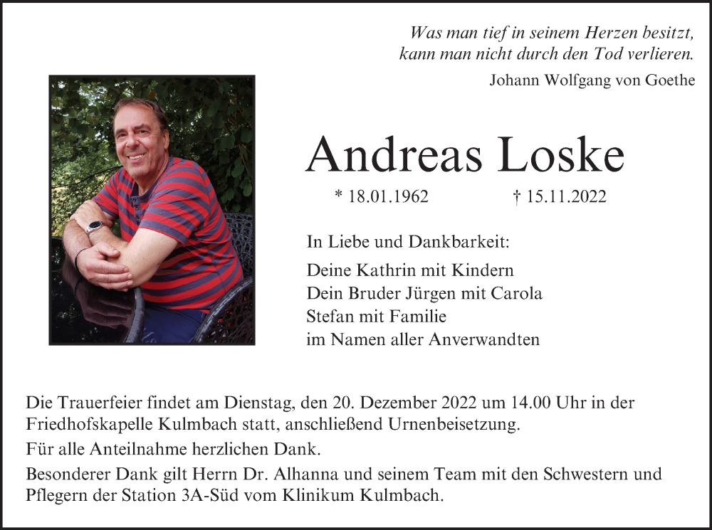  Traueranzeige für Andreas Loske vom 14.12.2022 aus MGO