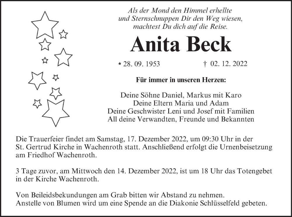  Traueranzeige für Anita Beck vom 10.12.2022 aus MGO