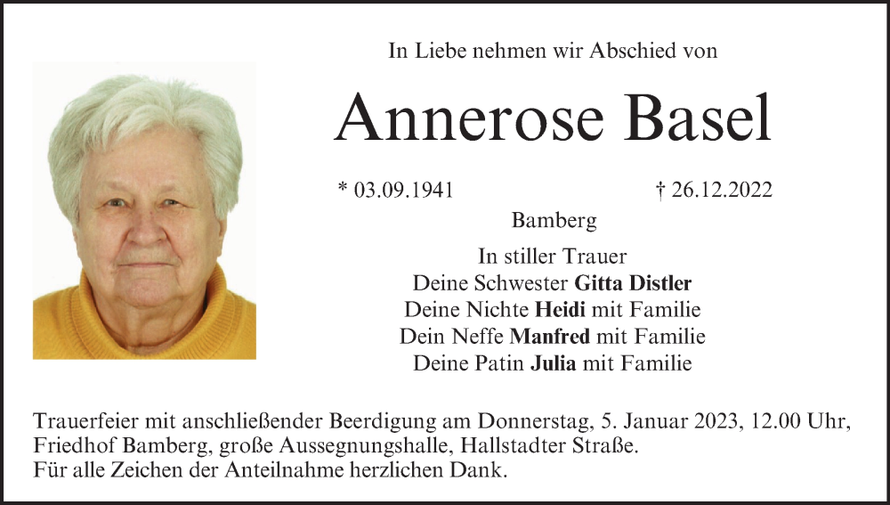 Traueranzeige für Annerose Basel vom 31.12.2022 aus MGO