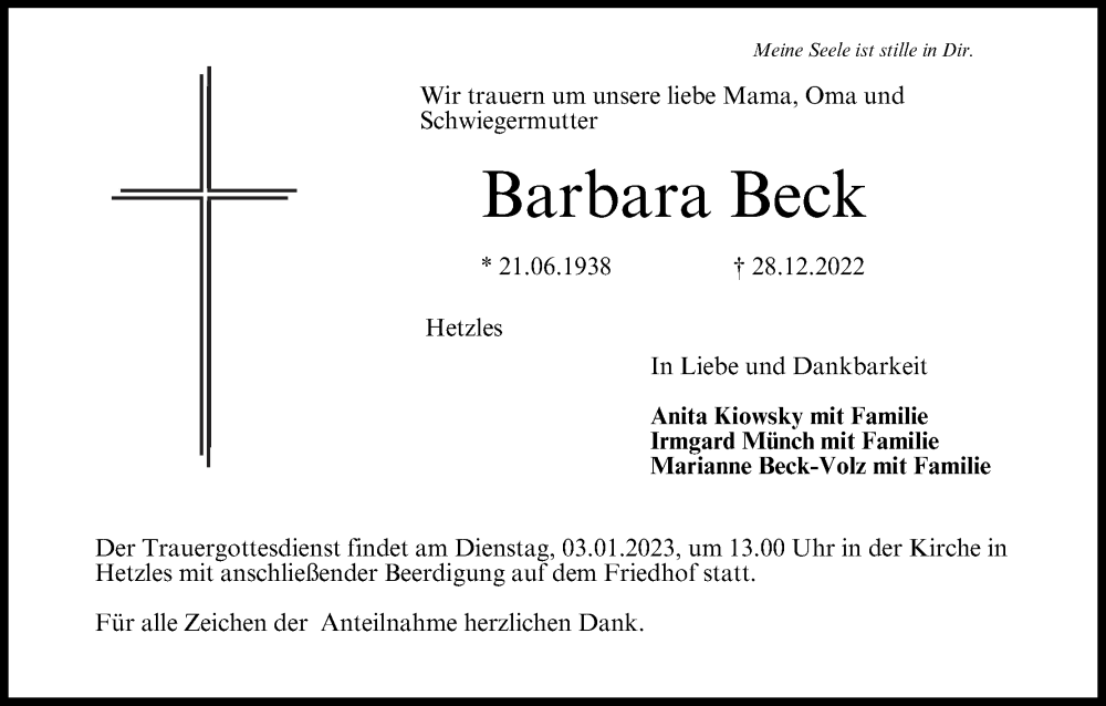 Barbara Beck | Traueranzeige | Trauer.inFranken.de