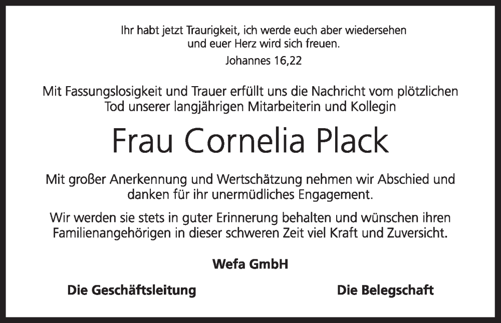  Traueranzeige für Cornelia Plack vom 03.12.2022 aus MGO