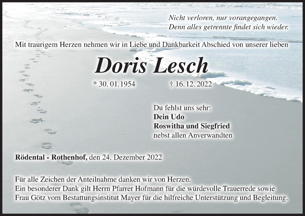 Traueranzeige für Doris Lesch vom 24.12.2022 aus MGO