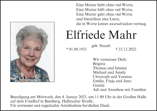 Anzeige von Elfriede Mahr von MGO