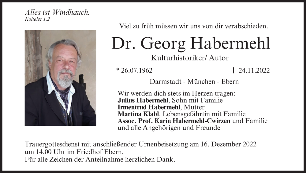  Traueranzeige für Georg Habermehl vom 10.12.2022 aus MGO