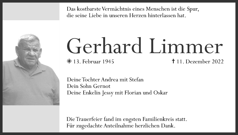  Traueranzeige für Gerhard Limmer vom 31.12.2022 aus MGO