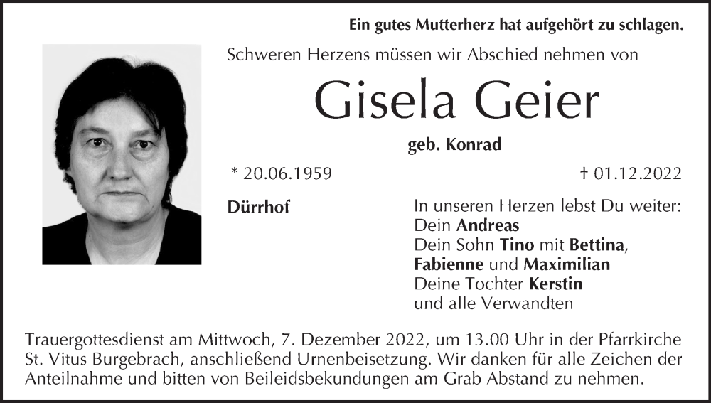  Traueranzeige für Gisela Geier vom 03.12.2022 aus MGO