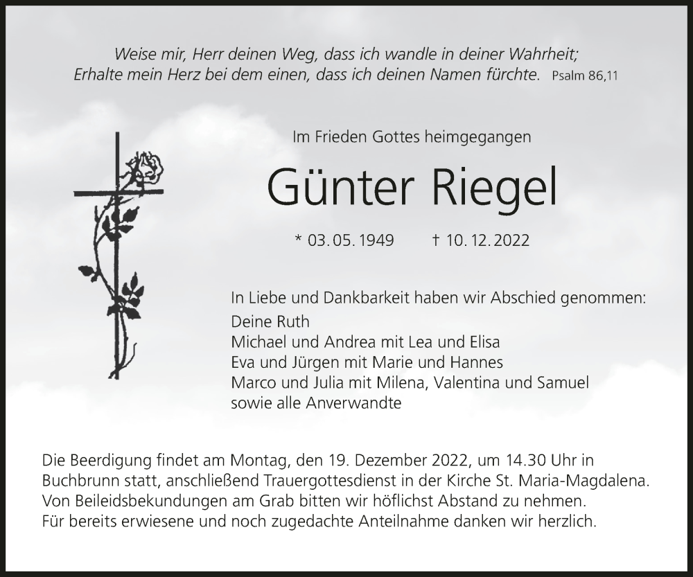  Traueranzeige für Günter Riegel vom 16.12.2022 aus MGO