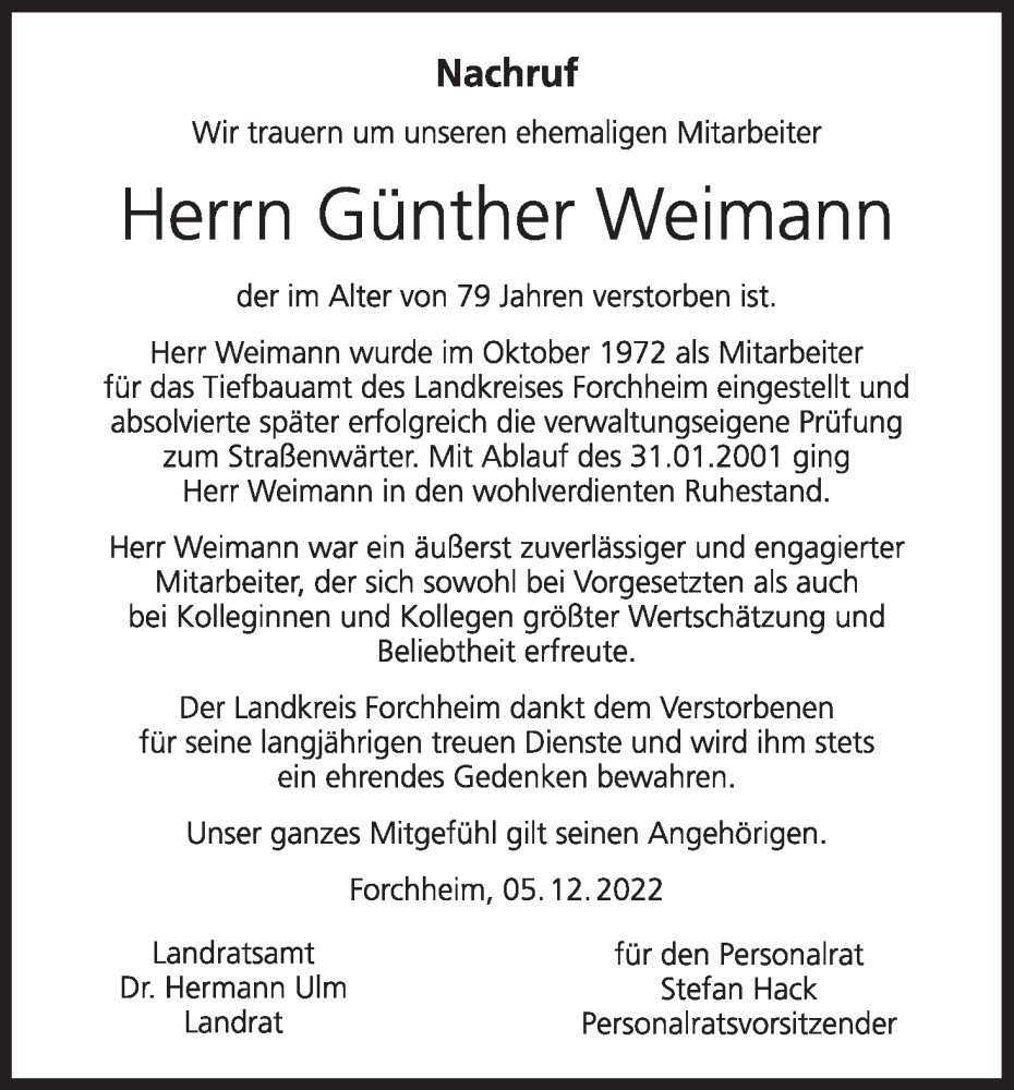  Traueranzeige für Günther Weimann vom 07.12.2022 aus MGO