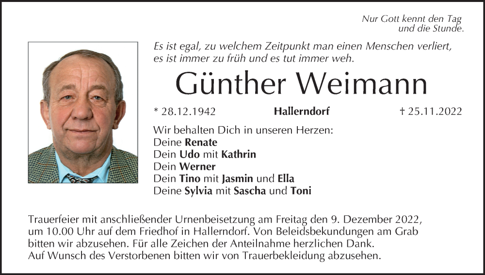  Traueranzeige für Günther Weimann vom 03.12.2022 aus MGO