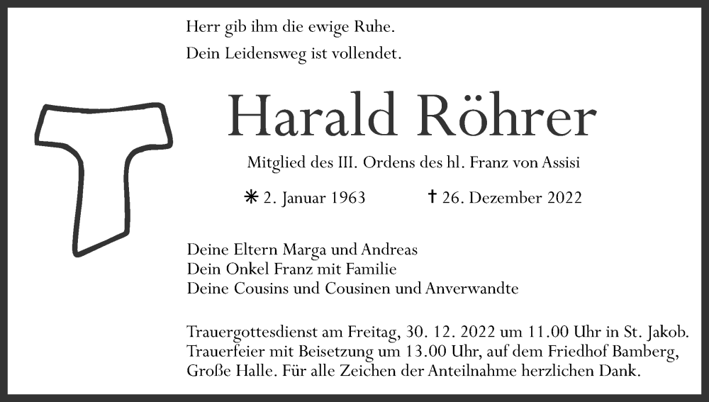  Traueranzeige für Harald Röhrer vom 28.12.2022 aus MGO