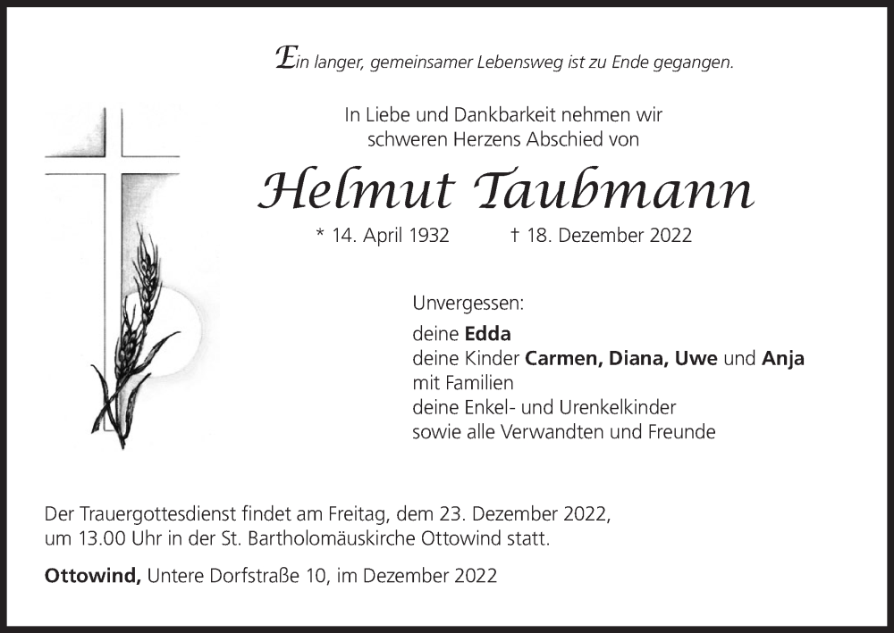  Traueranzeige für Helmut Taubmann vom 21.12.2022 aus MGO