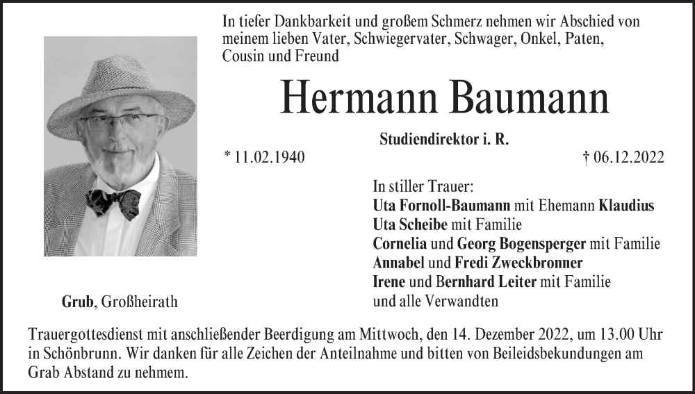  Traueranzeige für Hermann Baumann vom 10.12.2022 aus MGO