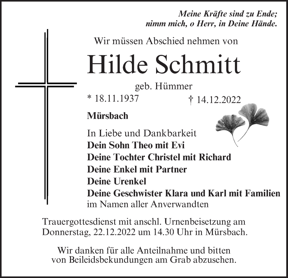  Traueranzeige für Hilde Schmitt vom 17.12.2022 aus MGO