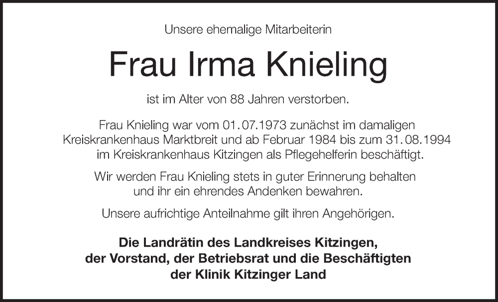  Traueranzeige für Irma Knieling vom 21.12.2022 aus MGO