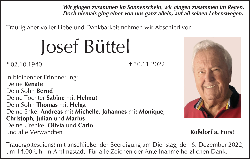  Traueranzeige für Josef Büttel vom 03.12.2022 aus MGO