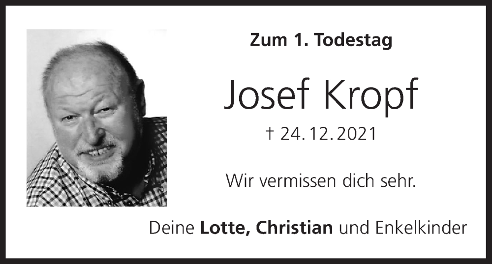  Traueranzeige für Josef Kropf vom 24.12.2022 aus MGO